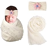 2 PCS Newborn Photography Props, Baby Props Photography Wrap 35.5 by 67 in Newborn Photography Props with s Pearl Headband for Baby Photoshoots Posing Photo (Cream-Colored)