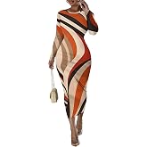 Women's Casual Basic Pencil Dress Sexy Trendy Round Neck Long Sleeve Bodycon Maxi Party Club Dress