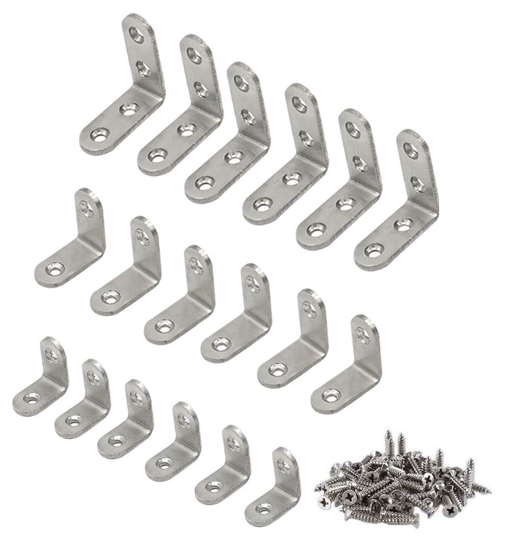 Merriway BH06663 (18 Pcs) Assortment of Stainless Steel Corner Braces, 6 Each 20 x 20mm, 30 x 30mm, 40 x 40mm - Pack of 18 Pieces
