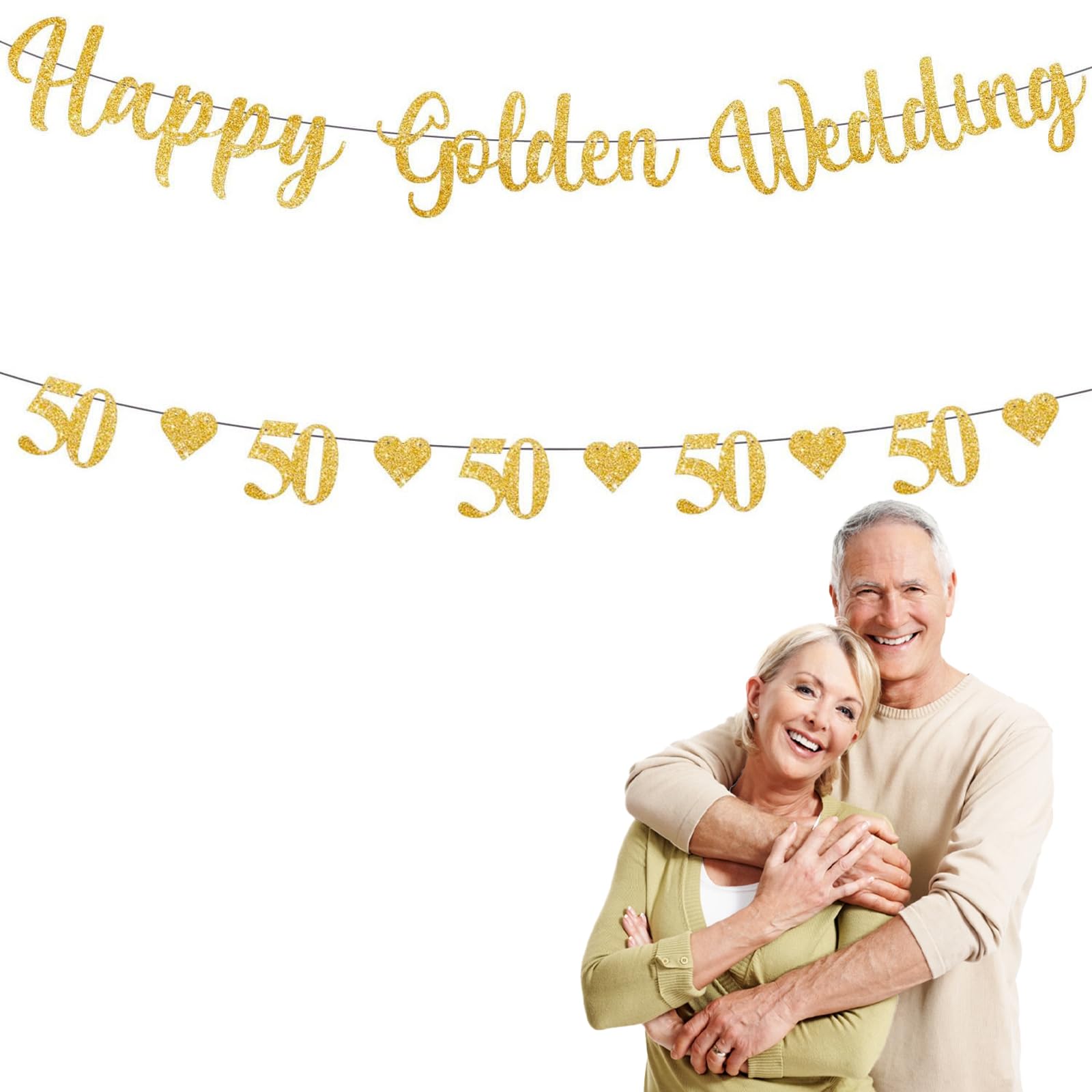 Set of 2 Happy Golden Wedding Banner,50th Wedding Anniversary Bunting,Glitter Gold Heart Decorations with Happy Golden Wedding for Party
