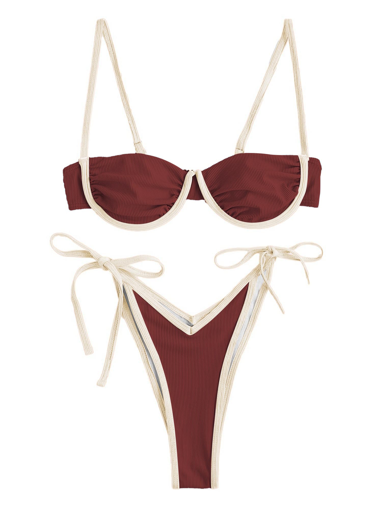 Photo 1 of ZAFUL Women's Underwire Bikini Color Block Swimsuit Two Piece String Bikini Set Ribbed Frilled Bathing Suit(2-Brick red,L)
