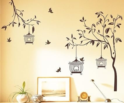 Decals Design Tree with Birds and Cages Wall Sticker (PVC Vinyl, 30 cm x 90 cm, Brown)