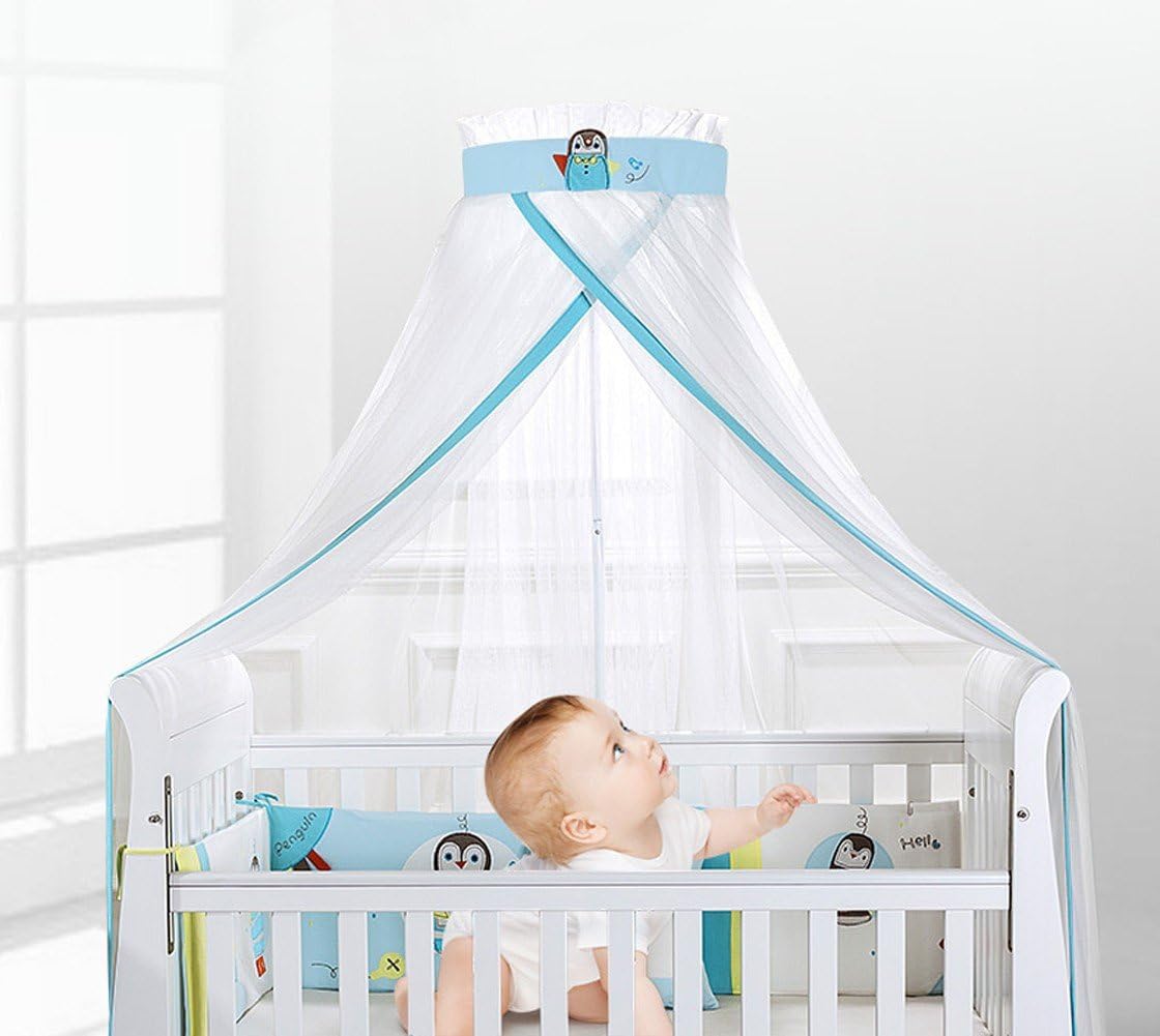 Kids Baby Crib Mosquito Net Bed Canopy Yarn with Round Lace Boys Girls, Floor Stand Netting Curtain Bedding Dome Play Tent, 5 Height Adjustable, Large Size, New- 6.5M×2.2M