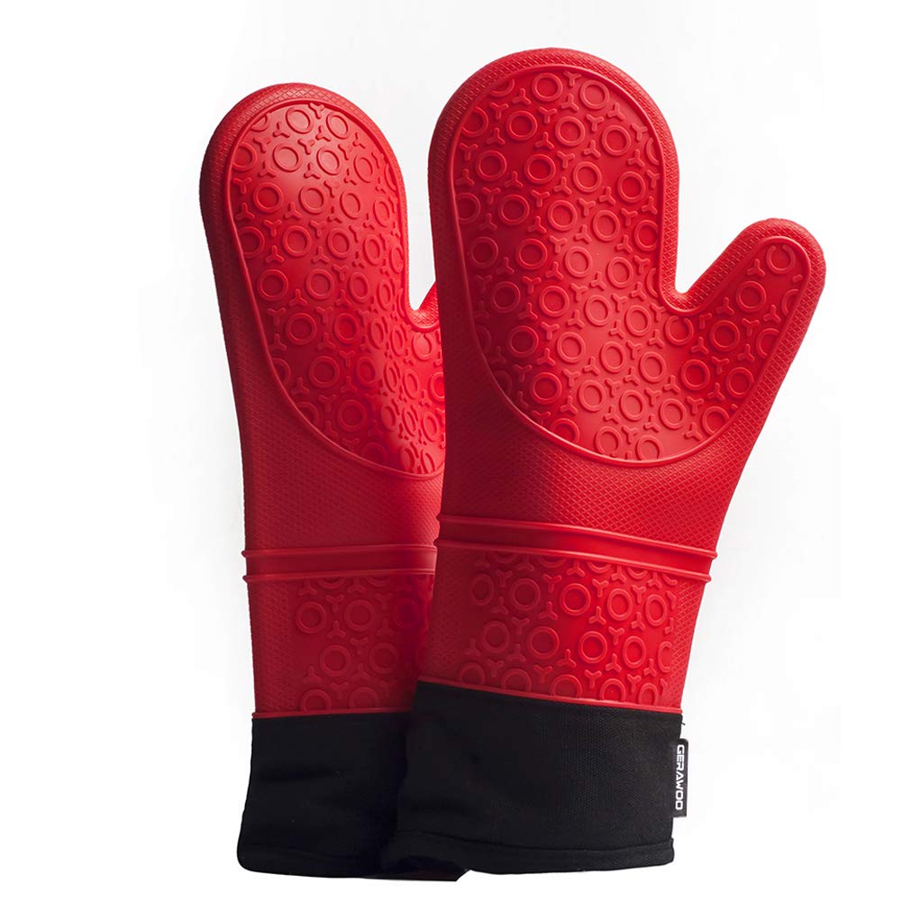 GERAWOO 2PCS Professional Heat Resistant Oven Gloves Double, Non-Slip Silicone Oven Glove with Soft Inner Lining, Extra Long Oven Mitts for Pizza & Cooking (Red)