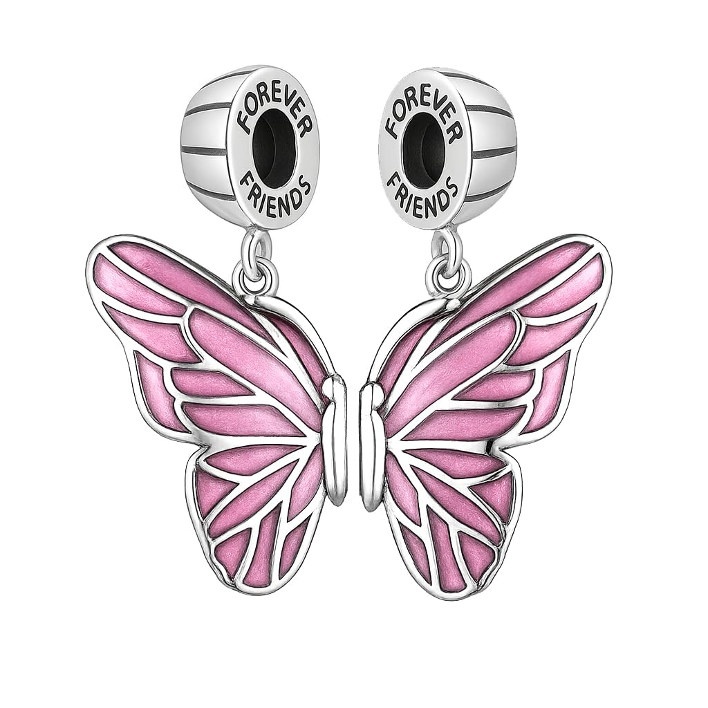 Forever Friends Butterfly Charm Set for Pandora Moments Bracelets 925 Sterling Silver Bead with Pink Enamel Wings Her Girls Women Friendship - Gift boxed