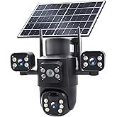 GUDFIDELIO Triple-Lens Solar Security Cameras Wireless for Home Surveillance Outdoor, 3 * 2MP HD Crystal Clarity, PTZ 360º Coverage, 8000mAh Built-in Battery, Included 64GB Local Storage