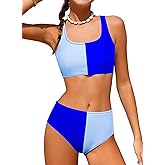 blibean Teen Girls Swimsuits Asymmetrical Colorblock Bikini Sets with Chest Pad Size 6-15 Years