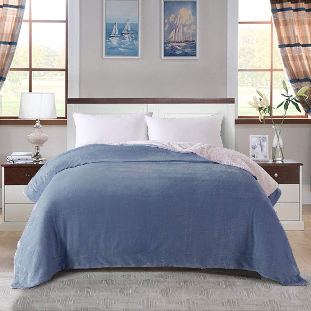 KAWAHOME Sherpa Fleece Blanket Super Soft Extra Warm Thick Winter Blanket for Couch Sofa Bed Queen Size 90 X 90 Inches Washed Blue