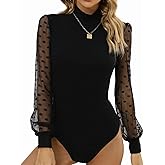 EKAMO Womens Bodysuit Turtle Neck Polka Dot Sheer Mesh Long Sleeve Ribbed Bodysuits Jumpsuit