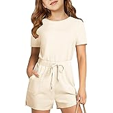 Haloumoning Girls Romper Short Sleeve Drawstring Summer Outfits Kids Casual Short Jumpsuit with Pockets 5-14 Years