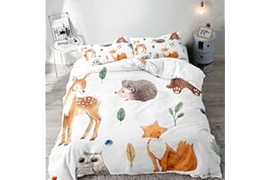 LUVIVIHOME 3PCS Cute Fox Duvet Cover Full Bedding Set, White Duvet Cover, Baby Boys Girls Toddler Kids Bedding, Deer Bear Owl Hedgehog Woodland Animals Comforter Bedspread Quilt Cover, 2 Pillow Shams