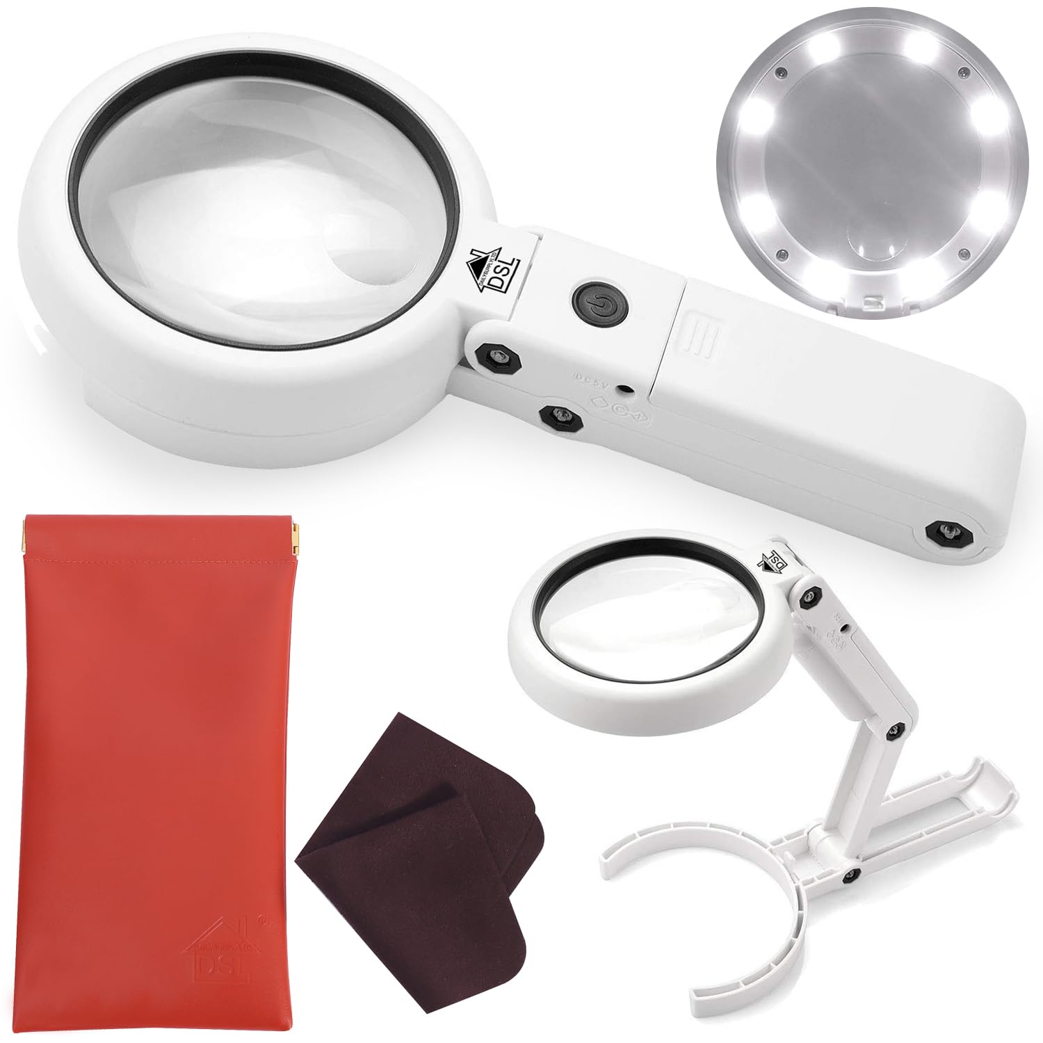 DSL Magnifying Glass with Light - Portable Illuminated Magnifying Glasses 5X, 11X Magnification Lens 8 LED Lighted USB Charge Magnifier with Desktop Hand-Held Folding 2 in 1 Upgrade Versio