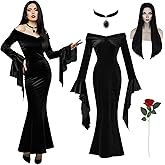 Halloween Costumes Morticia Addams Vintage Gothic Black Long Dress Outfit Women Wig Red Roses Flowers Necklace