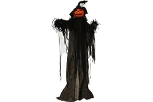 Haunted Hill Farm Life-Size Scary Poseable Pumpkin Witch, Halloween Prop with Touch Activated Lights and Sound, Battery Operated Indoor or Covered Outdoor Halloween Decorations, Spooky Halloween Decor