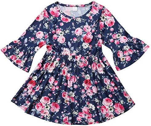 Toddler Kids Baby Girl Ruffle 3/4 Long Flare Sleeve Floral Party Dresses Clothes
