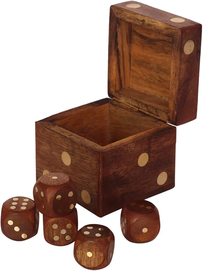 Wooden Dice Box Holder with 5 Wood Dices Handmade Dice