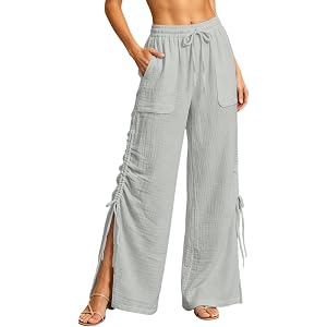 UHBYGV Women Palazzo Pants Side Slit Boho Baggy Wide Leg Trousers High Elastic Waist Casual Loose Lounge Pant with Pockets