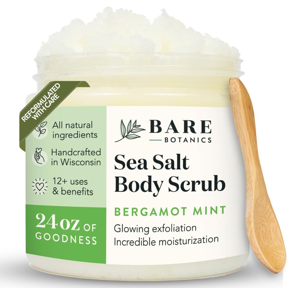 Bare Botanics Bergamot Mint Body Scrub 24oz | Made in USA | All Natural Sea Salt Scrub w/Skin Loving Moisturizers | Vegan & Cruelty Free | Ready to Gift w/a Cute Wooden Spoon — image 1