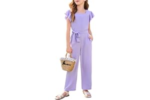 Haloumoning Girls Jumpsuit Kids Fashion Square Neck Ruffle Sleeve Belted Wide Leg Romper with Pockets