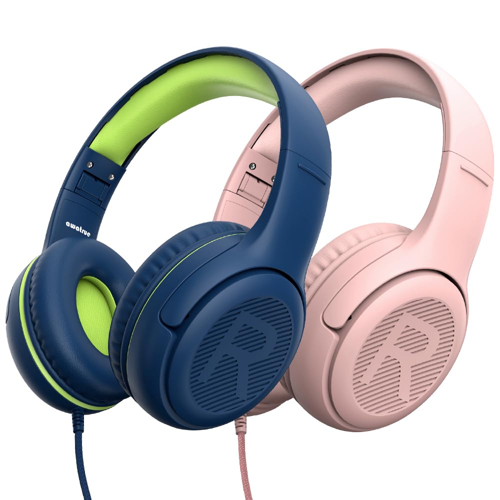 awatrue Kids Headphones Wired Toddler Headphones with Microphone, Over-Ear Headphones, 85/94dB Volume-Limiting, 3.5mm Jack, Foldable On-Ear Design (Bluegreen+Pink) Image