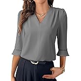 EVALESS Women's 3/4 Sleeve Tops Dressy Casual Pleated V Neck Business Work Blouses Office Shirts