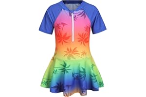 LOLLISY Girls One Piece Swimsuits Hawaiian Skirted Bathing Suit for Kids Girls Summer Swim Dress Short Sleeve Swimwear 3-16 Years