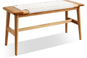 Wayshome 100% Solid Oak Wood Bench,Hand Woven Bench Surface Design,Solid Structure of Chair legs,Entryway Bench/Bedroom Bench/Dining Bench (Off-white wood)