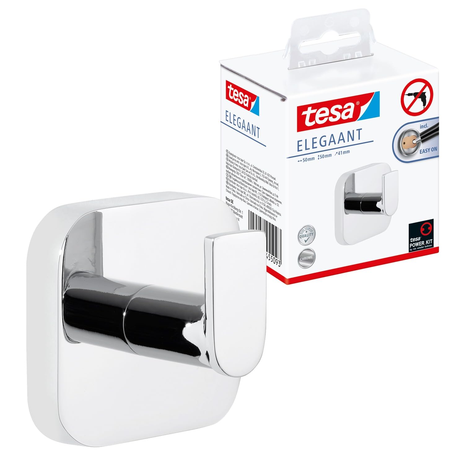 tesa ELEGAANT Towel Hook - Self-Adhesive Wall Hook in Stainless-Steel Design - Wall-Mounted Hand Towel Hook - Waterproof, incl. Power.Kit Adhesive Solution - 41 mm x 50 mm x 50 mm