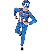 Marvel Captain America Official Youth Costume - Premium Fabric Jumpsuit with Printed Design and Plastic Half Mask