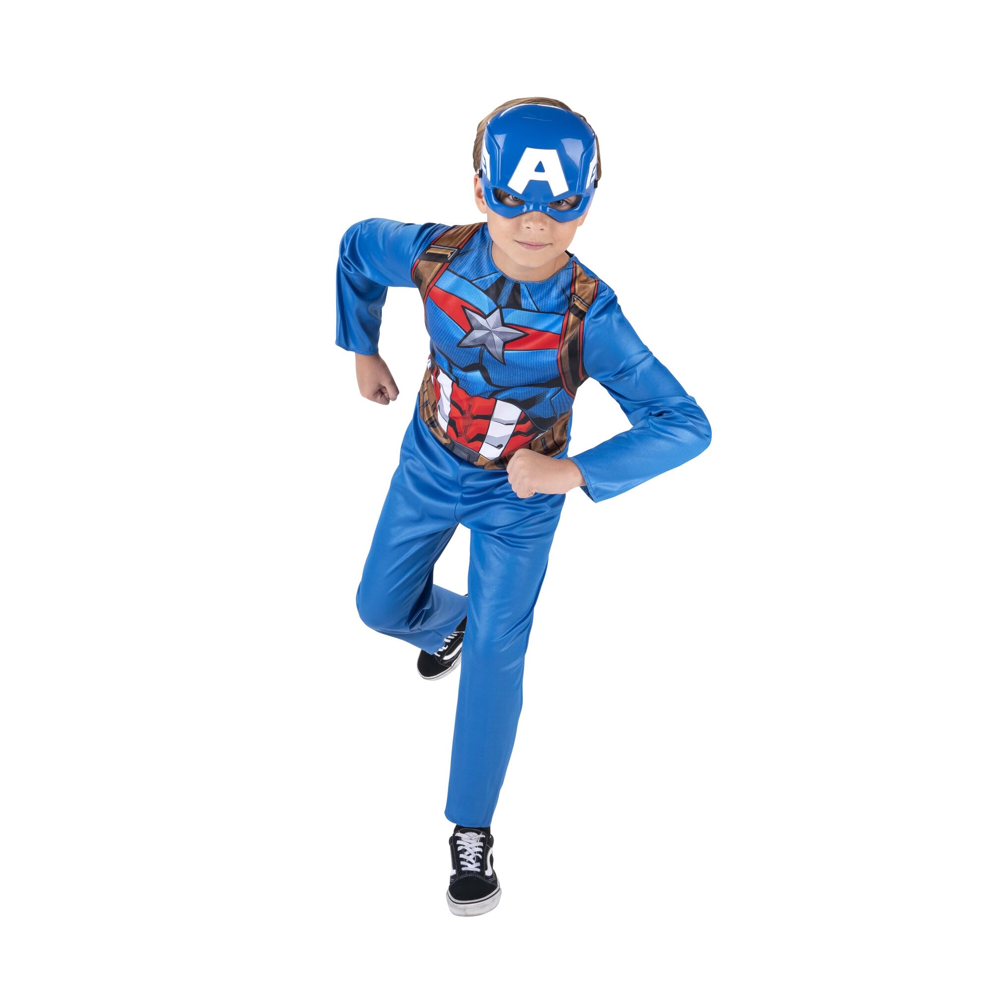 Photo 1 of MARVEL Captain America Official Youth Value Costume - Full-Bodied Fabric Jumpsuit with High-Resolution Printed Design and Plastic Half Mask