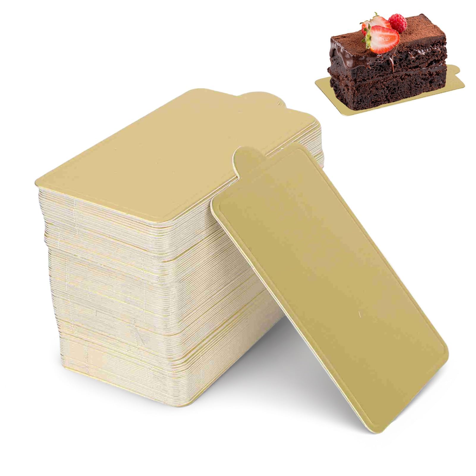 Agatige 100Pcs 4"x2.3" Mini Cake Boards, Gold Rectangular Cardboard Paper Cupcake Dessert Displays Base Tray Disposable Paper Dessert Displays Coasters for Cake DIY, Baking Party Wedding Birthday