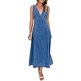 yoeasy Women's Summer Denim Dress Sleeveless V Neck High Waist Trendy Casual A Line Jean Maxi Dress