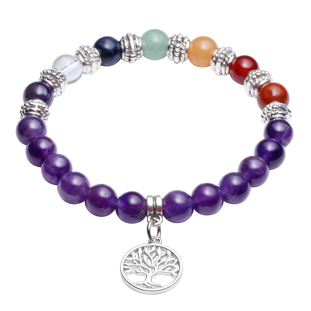 JOVIVI Stein Armband Energietherapie Yoga-Armband Lotus/Baum des Lebens/OM Symbol Anhänger 7 Chakra Balance Armreif(Amethyst-Baum des Lebens)
