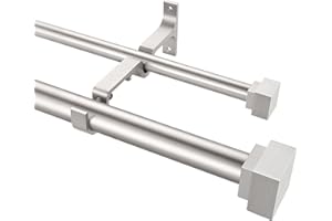 FUMLYATE 1 Inch Modern Double Window Curtain Rods,36-72 Inch Adjustable Telescoping Heavy Duty Stylish Drapery Rods Decorative Solid Square Allufer Finials for Dual Curtain Rod Window Treatment,Nicked Brushed