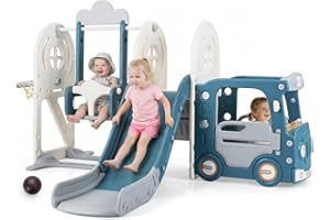 OLAKIDS Toddler Slide and Swing Set, 5 in 1 Bus Themed Baby Slide with Climber Basketball Hoop Car Playhouse for Indoor Outdo