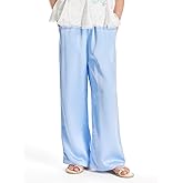 Girls Blue Wide Leg Pants Silky Satin Flowy Palazzo Cooling Loose Pants for Girls Beach Vacation Slacks for 6-16Y