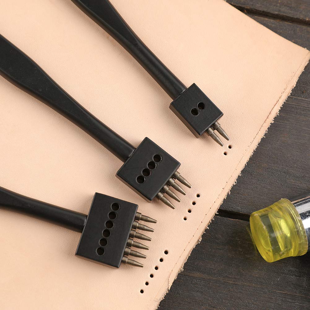 DIUDUS Prong Punch, Black Leather Punch Tool 4mm, 2/4/6 Lacing Stitching Punch, Round Hole Prong Stitching Chisel Set Leather Working Tools for Leathercraft