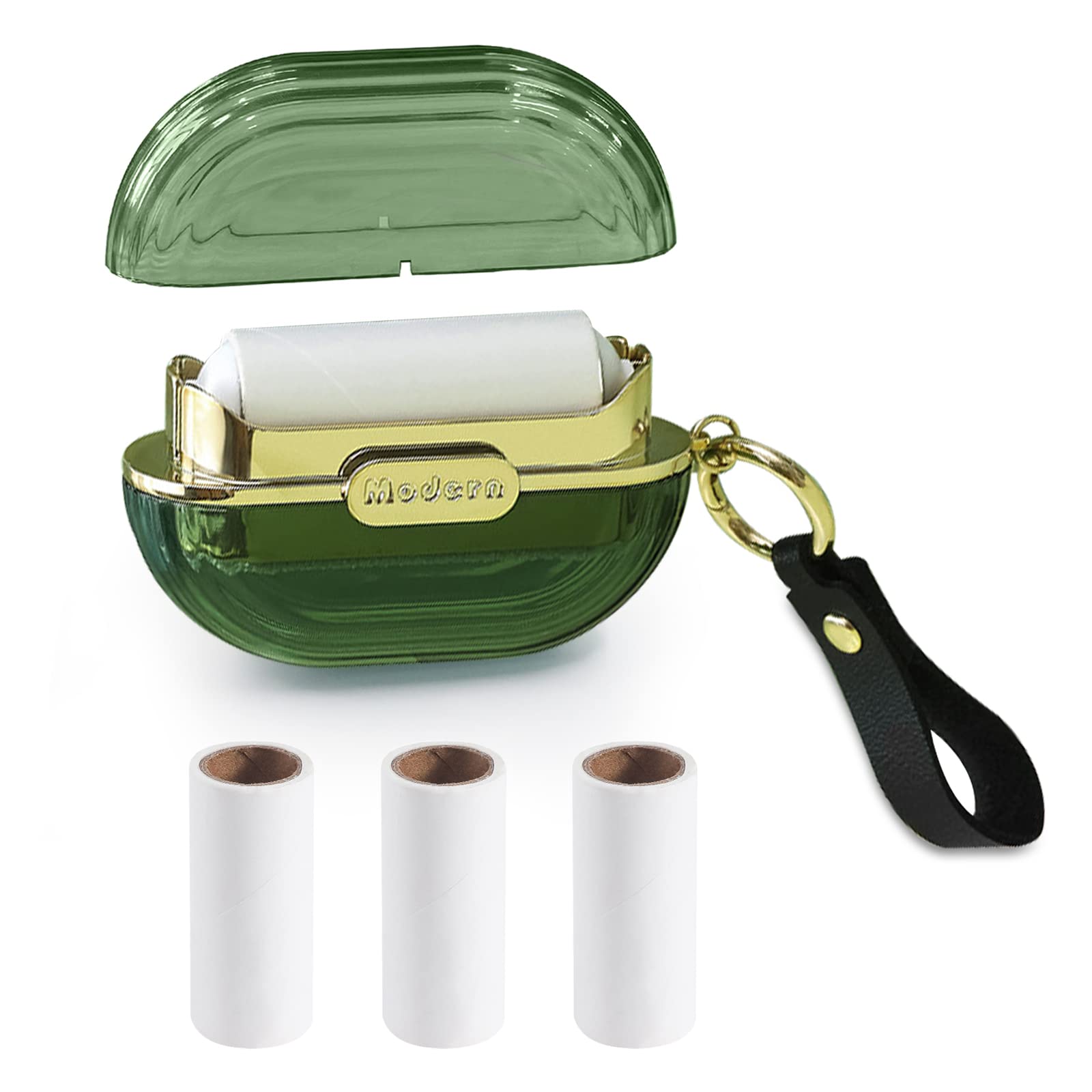 Modixun Double-sided Travel Portable Lint Roller with Hand Strap, Reusable Mini Extra Sticky Dog Cat Pet Hair Remover, Luxury Lint Remover for Clothes Bag Dust Fuzz Fur with 4 Refills, Green — image 1