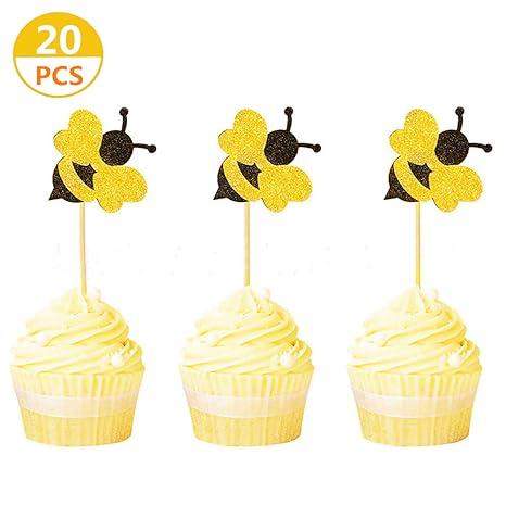 Decorating Tools 20 Pcs Jevenis Glitter Bumble Bee Cupcake Toppers