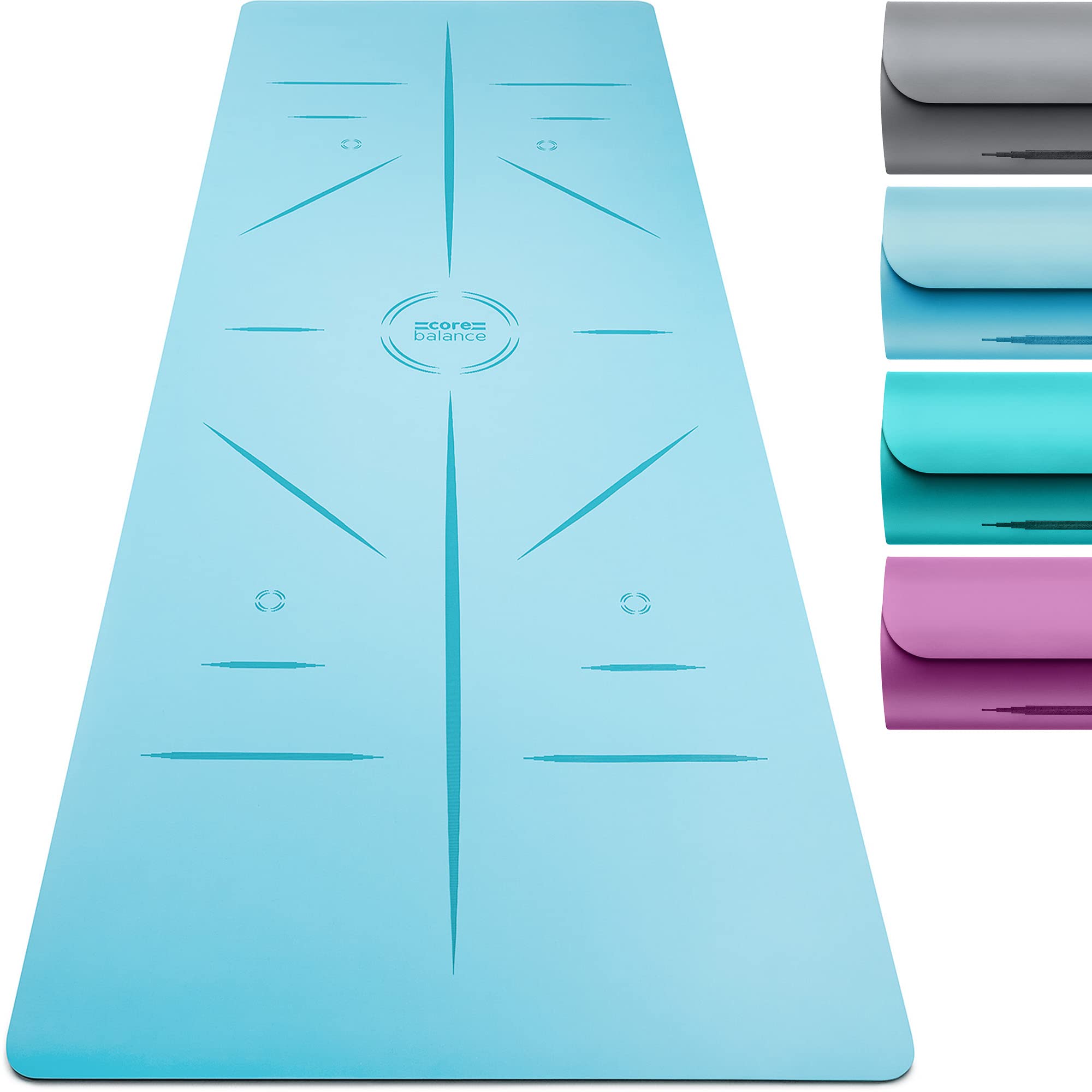 Core Balance Rubber Yoga Mat with Asana Alignment Lines Extra Wide Non Slip with Roll Strap (Blue)
