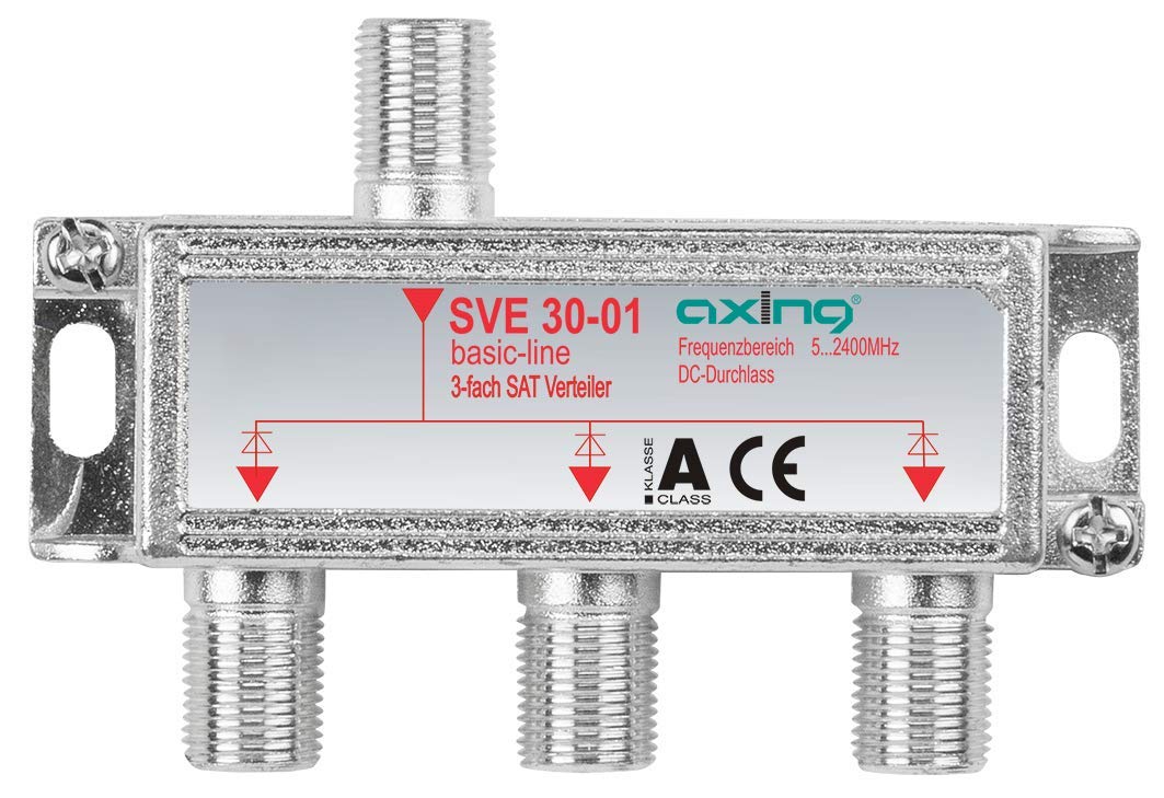Axing SVE 30-01 3-Way Sat Splitter 5-2400 MHz also for terrestrial Freeview FM with DC pass, F-connectors