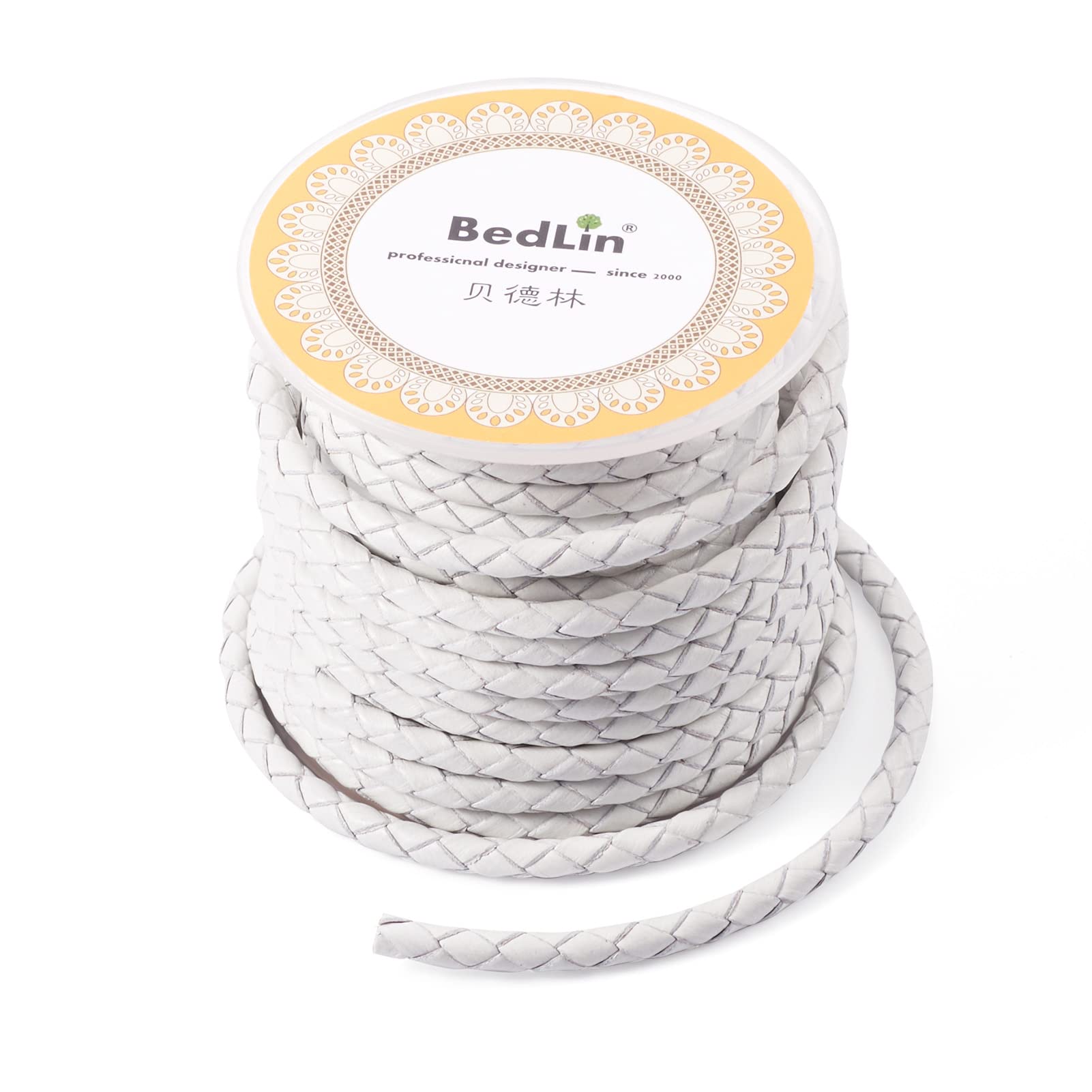 PandaHall 5 Meters 4mm Braided Leather Cord White Round Genuine Leather Cord for DIY Bracelet Necklace Jewelry Making