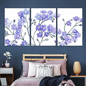 3 Panel Canvas Wall Art - Small Purple Flowers on White Background - Giclee Print Gallery Wrap Modern Home Art Ready to Hang - 16"x24" x 3 Panels