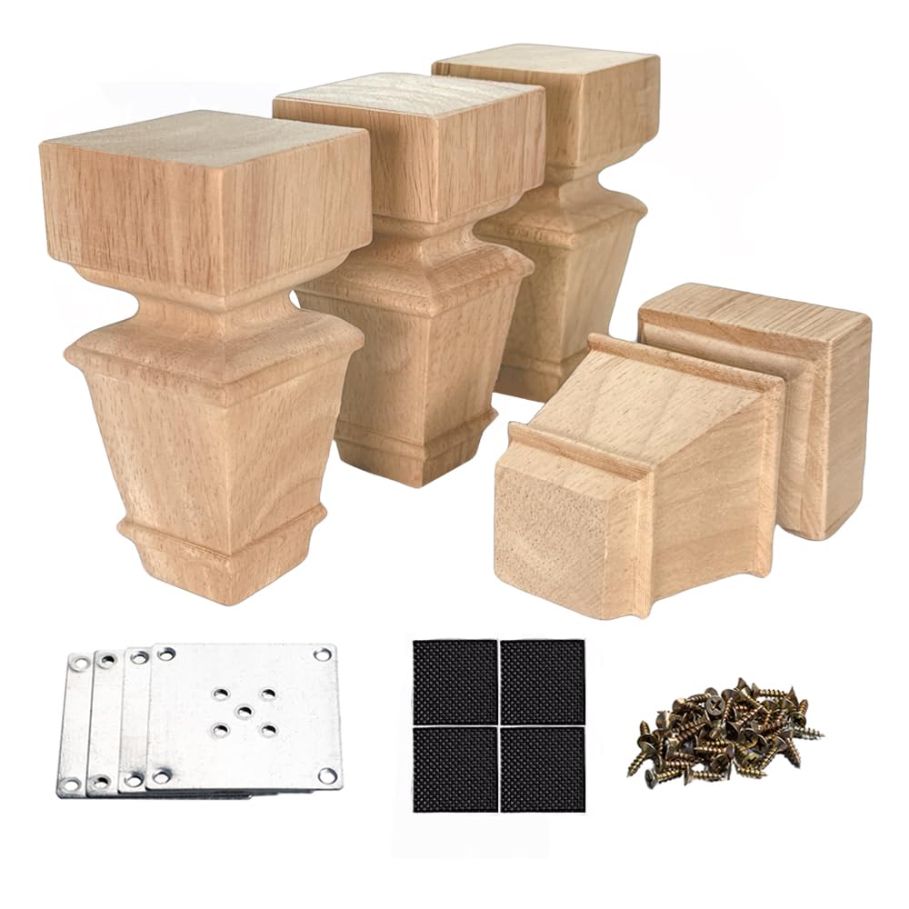 5 Inch/12 cm Wooden Furniture Legs with Mounting Plates Screws Set of 4 Solid Wood Unfinished European Style Replacement Furniture Feet for Couch Cabinet Sofa Ottoman Home DIY Projects (5 inch)