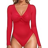 MANGOPOP Bodysuits for Women Deep V Neck Twist Knot Fitted Long Sleeve Bodysuit Basic Tops Casual T Shirts, Red, Large