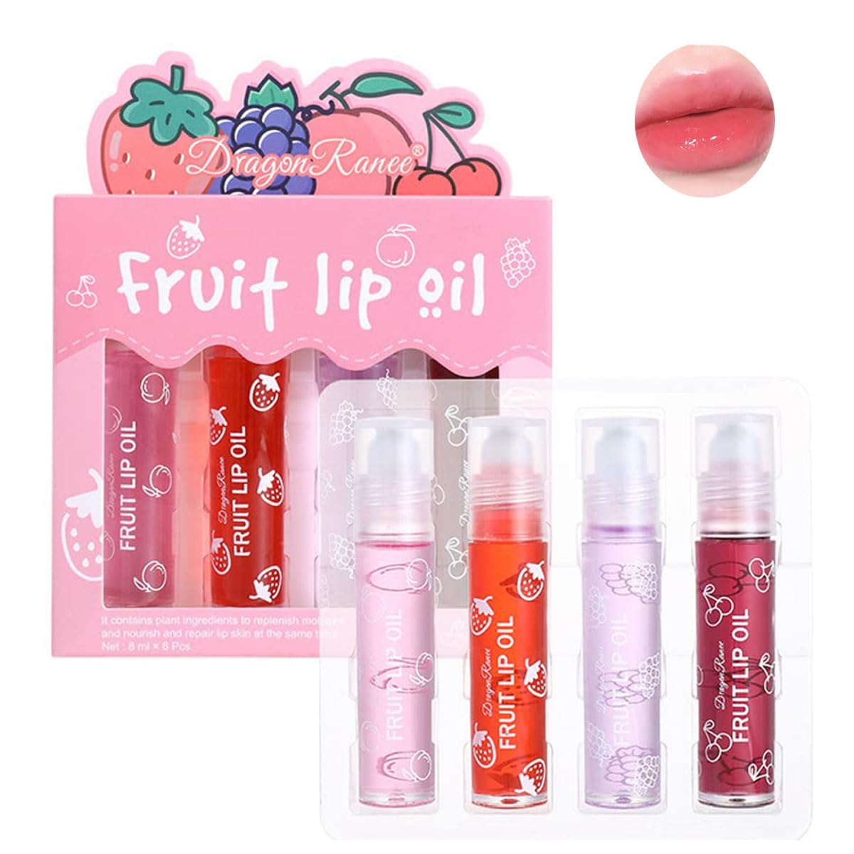 Pakivs 4Pcs Fruit-Flavored Lip Gloss Set,Transparent Colorless Moisturizing Plumper Lip Lotion Rolling Ball Lip Oil Liquid Lipstick