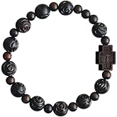 Sine Cera Dark Jujube Wood 1 Decade Catholic Rosary Bracelet, Rose Cut 10mm Beads