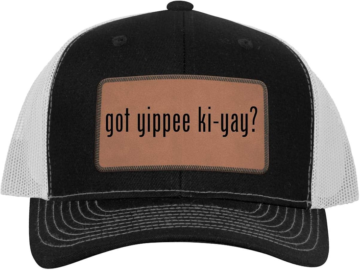 got Yippee kiYay? Leather Dark Brown Patch Engraved Trucker Hat