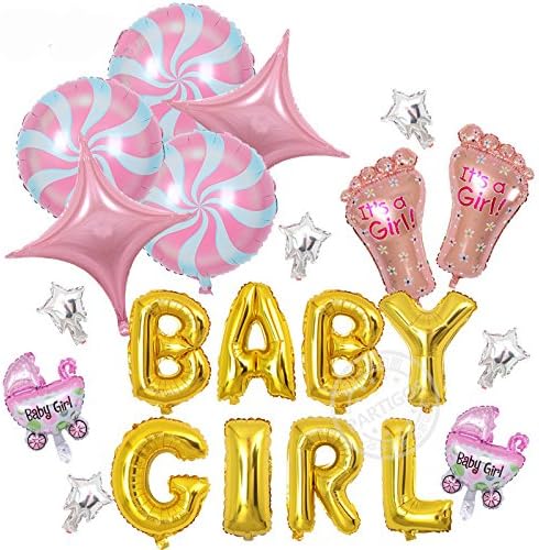 Set of Golden “BABY GIRL” Letters/ Alphabets Foil Balloons, 3 Lollipop, 2 Big Pink Stars &amp; 5 Small Silver Stars, 2 Feet &amp; 2 Baby Car Balloons for Birthday Party &amp; Event Decoration (Set of 21 Balloons)