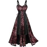 DRESSFO Women's Flocking Tie-Dye Mesh Tank Dress – Paisley Floral Lace-Up Midi Dress with Lace Trim and Grommet Detail